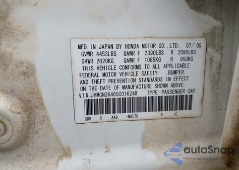 2005 Honda Accord Hybrid Ima из США, поврежденный, VIN JHMCN36465C016248